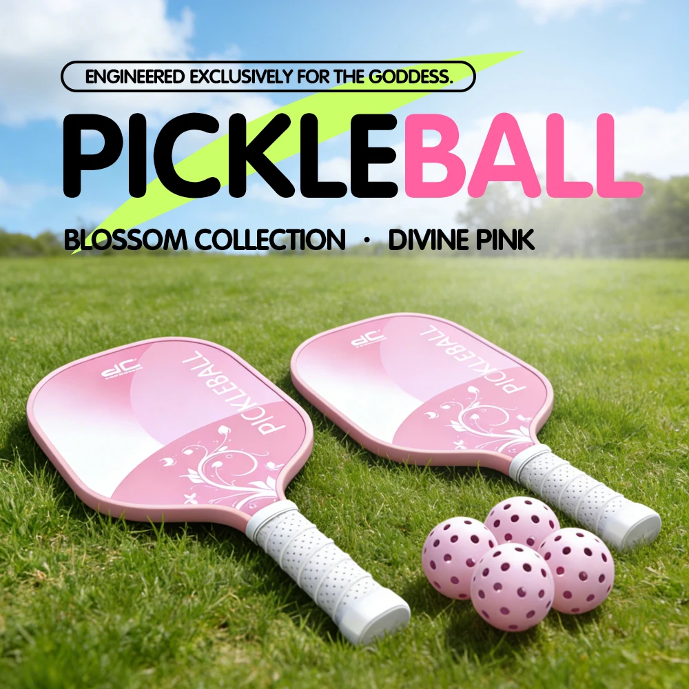

Pickleball Paddle Set Blooming Series Pink for Women Large Sweet Spot Glass Fiber Honeycomb Core 2 Rackets 4 Balls