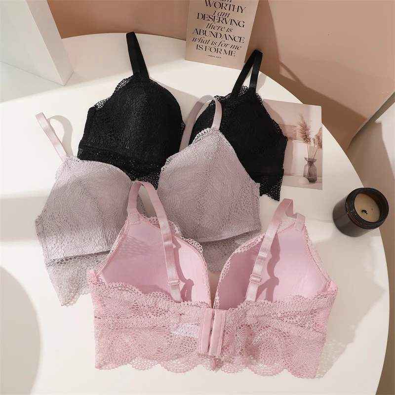 Hot Sexy Push Up Lace Bra Deep V Brassiere Thick Cotton Women Underwear Lace Embroidery Flowers Lingerie Cup Wireless Bras