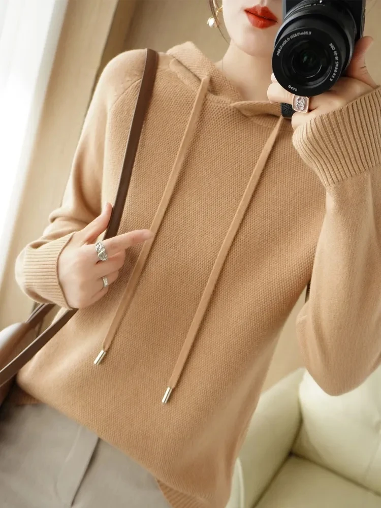 Women's Drawstring Hooded Sweatershirt Cashmere Sweater Knitted Sweater Purple Thickened Sweater Loose Jacket Female Pullover