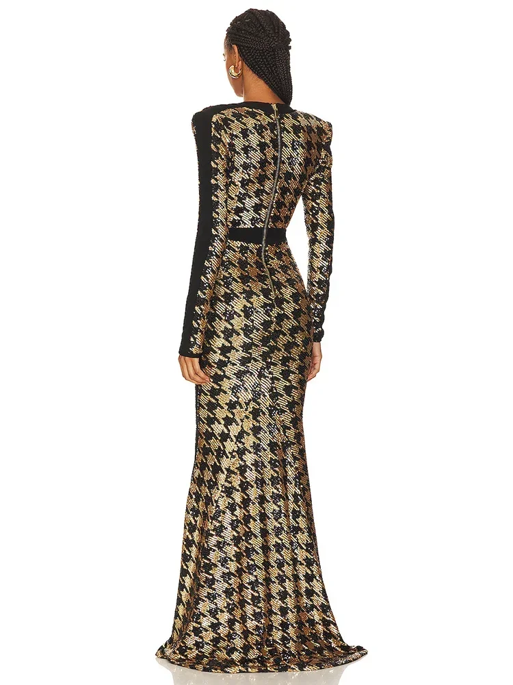 Sexy V Neck Bird Lattice Sequins Maxi Dress Women Black Gold Sequin Long Sleeves Bocycon Long Dress Runway Evening Party Gown