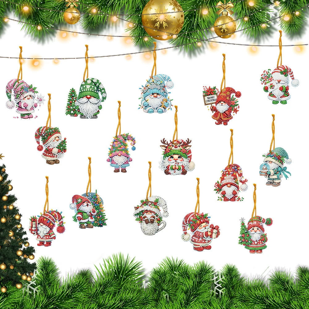 

15pcs Xmas Gnome Theme 2D Flat DIY Hanging Diamond Art Kits Home Wall Decor