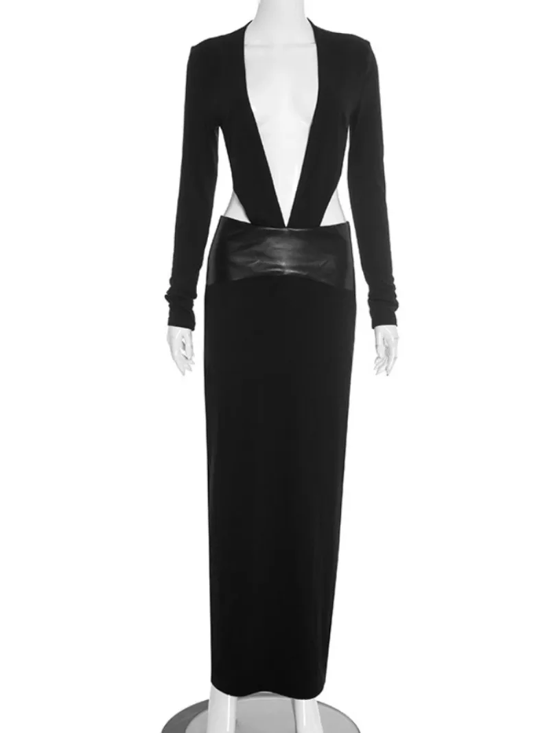 セクシーな深いVネック、長袖、透かし彫りのロングパーティードレス、女性用セクシーなナイトクラブガウン、背中が開いたスリット入りブラックイブニングドレス