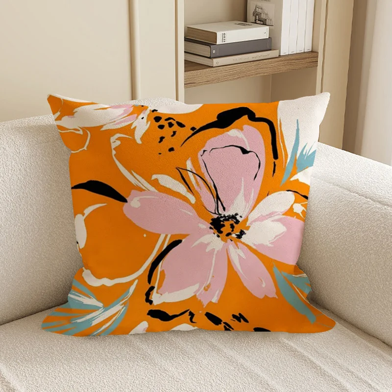 Doppelseitiger Lebendiger Abstrakter Blumen-Kissenbezug Kräftiger Orange-Rosa Blumendruck Weicher Zierkissenbezug für Moderne Wohnraumdekoration