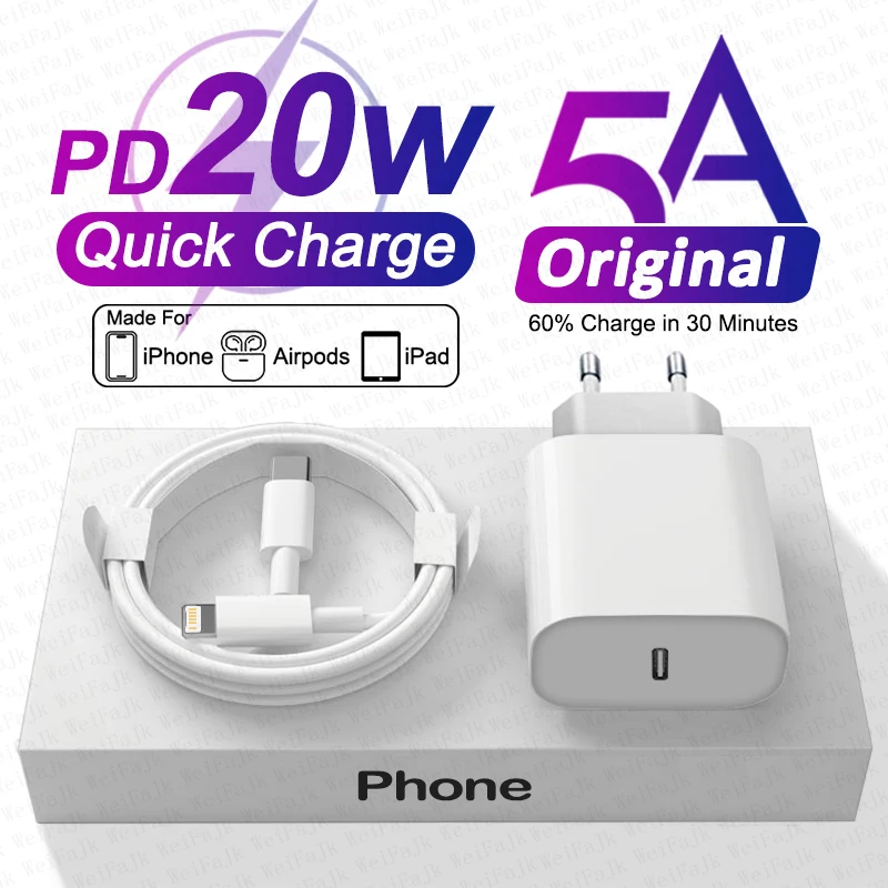 For Apple Original 20W Type C Quick Charger For iPhone 14 13 12 11 Pro Max Mini X XS XR 7 8 Plus Fast Charging Lightnings Cable