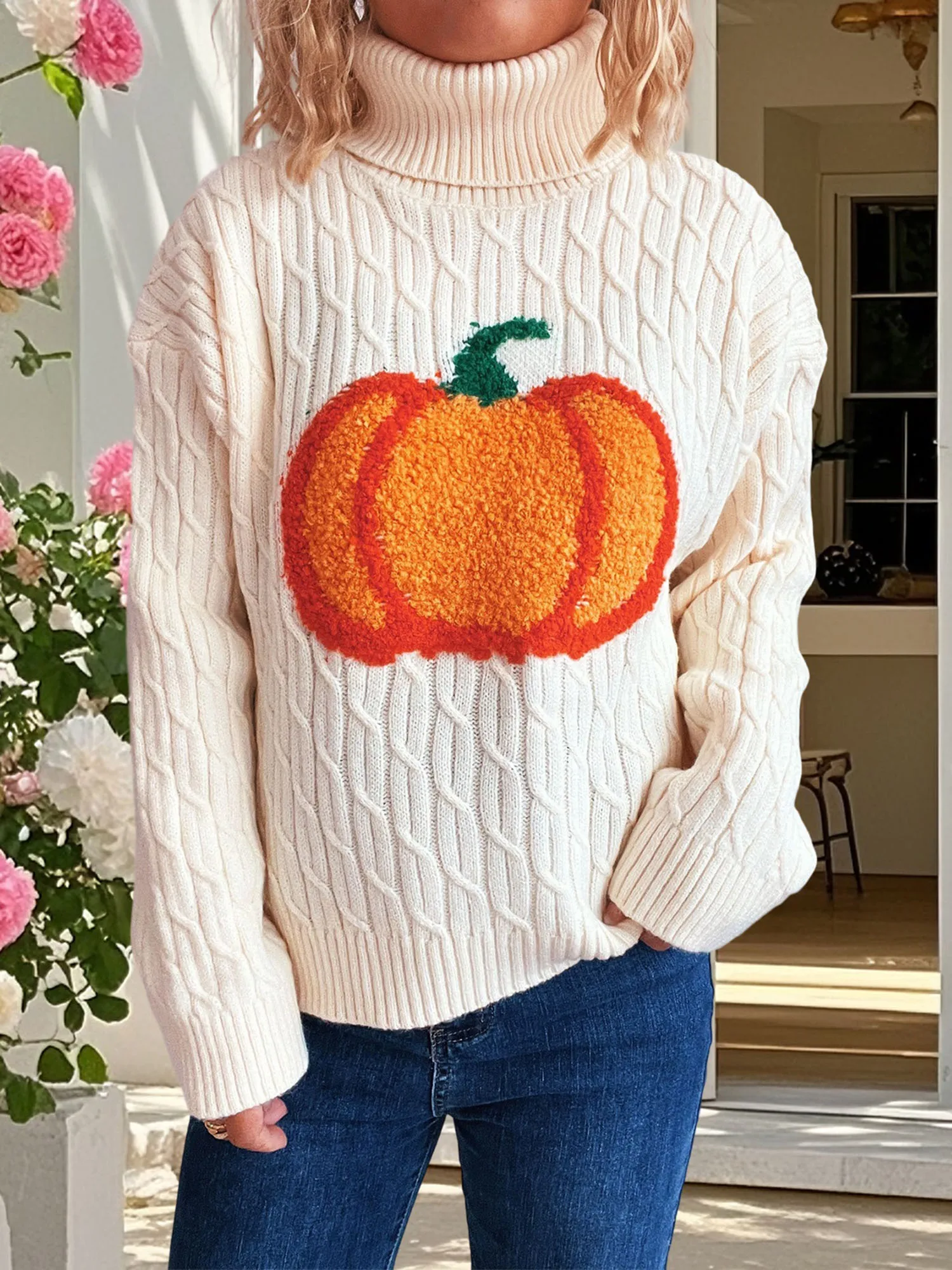

Women s Stylish Turtleneck Sweater with Pumpkin Embroidery Detail Long Sleeve Loose Knit Top for Casual Wear