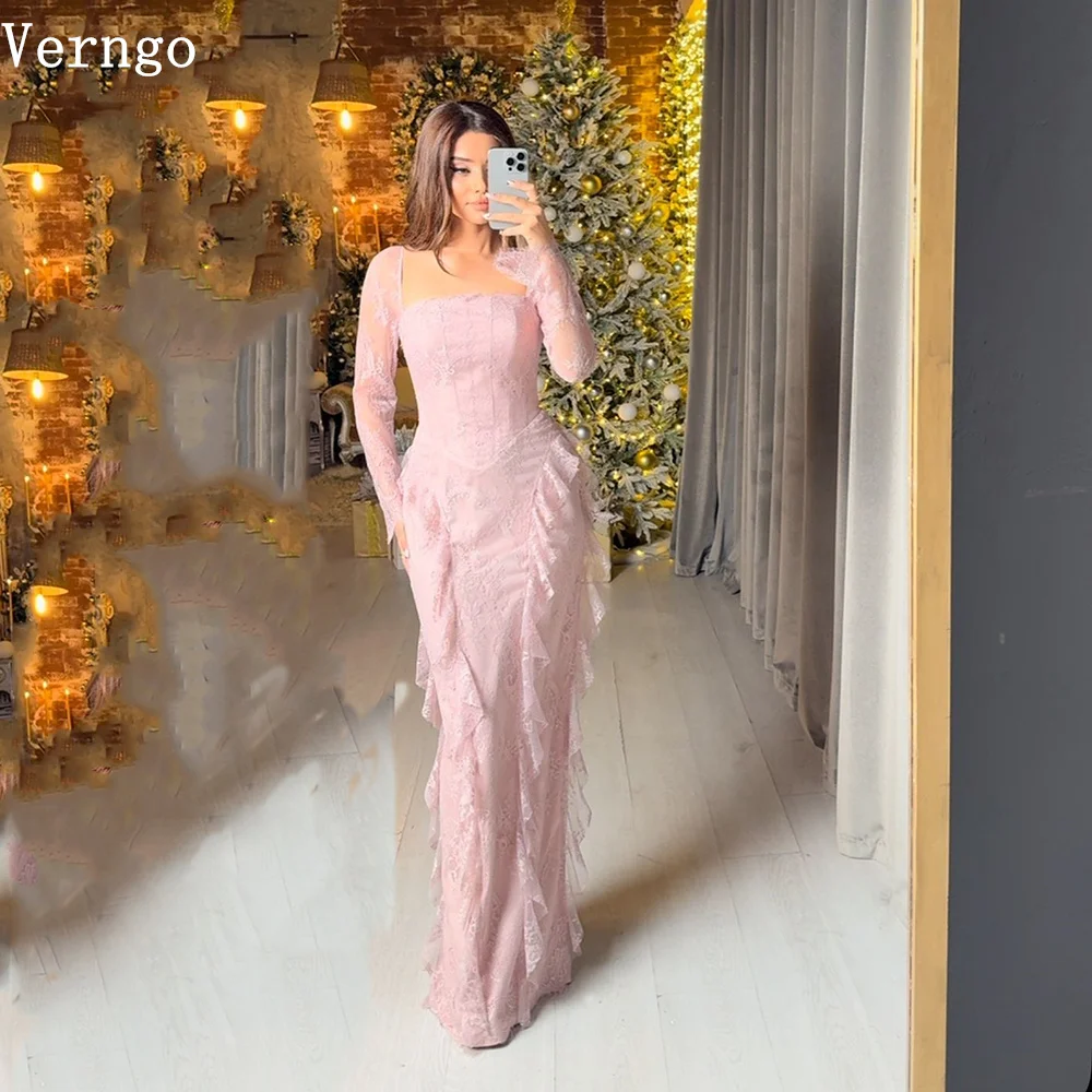 

Verngo Pink Lace Evening Dresses High O Neck Full Sleeves Mermaid Prom Party Dress Elegant Arabic Prom Gown Customized