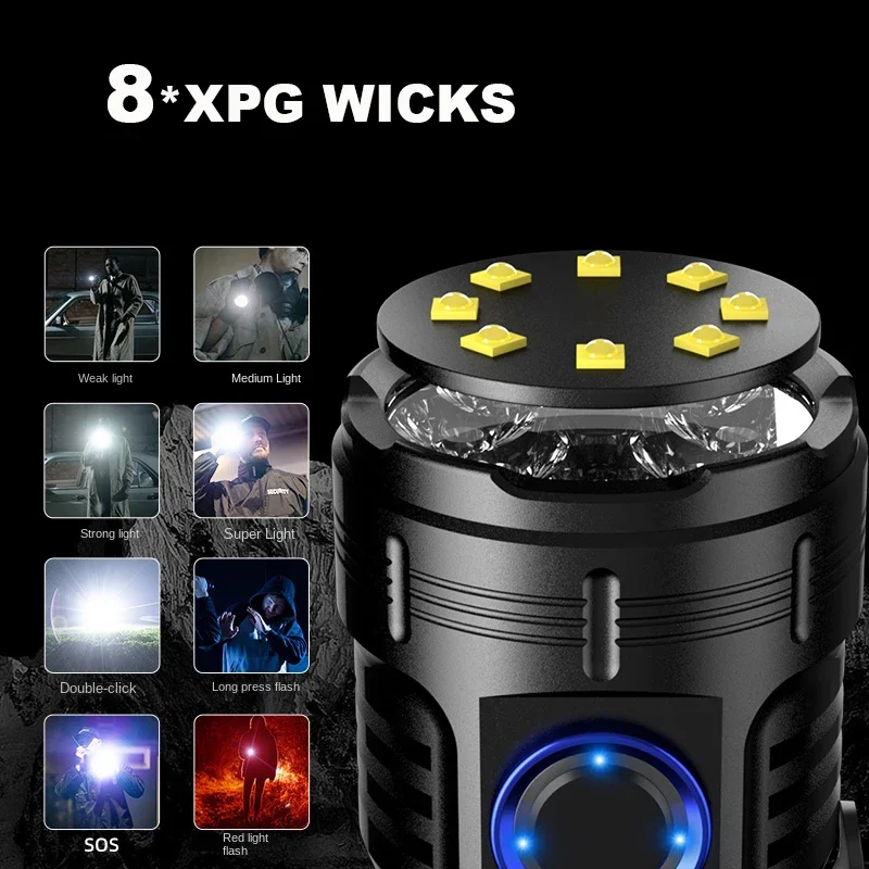 High power LED Mini flashlight USB rechargeable with 8 * XPG beads tail magnet clip torch waterproof portable lighting