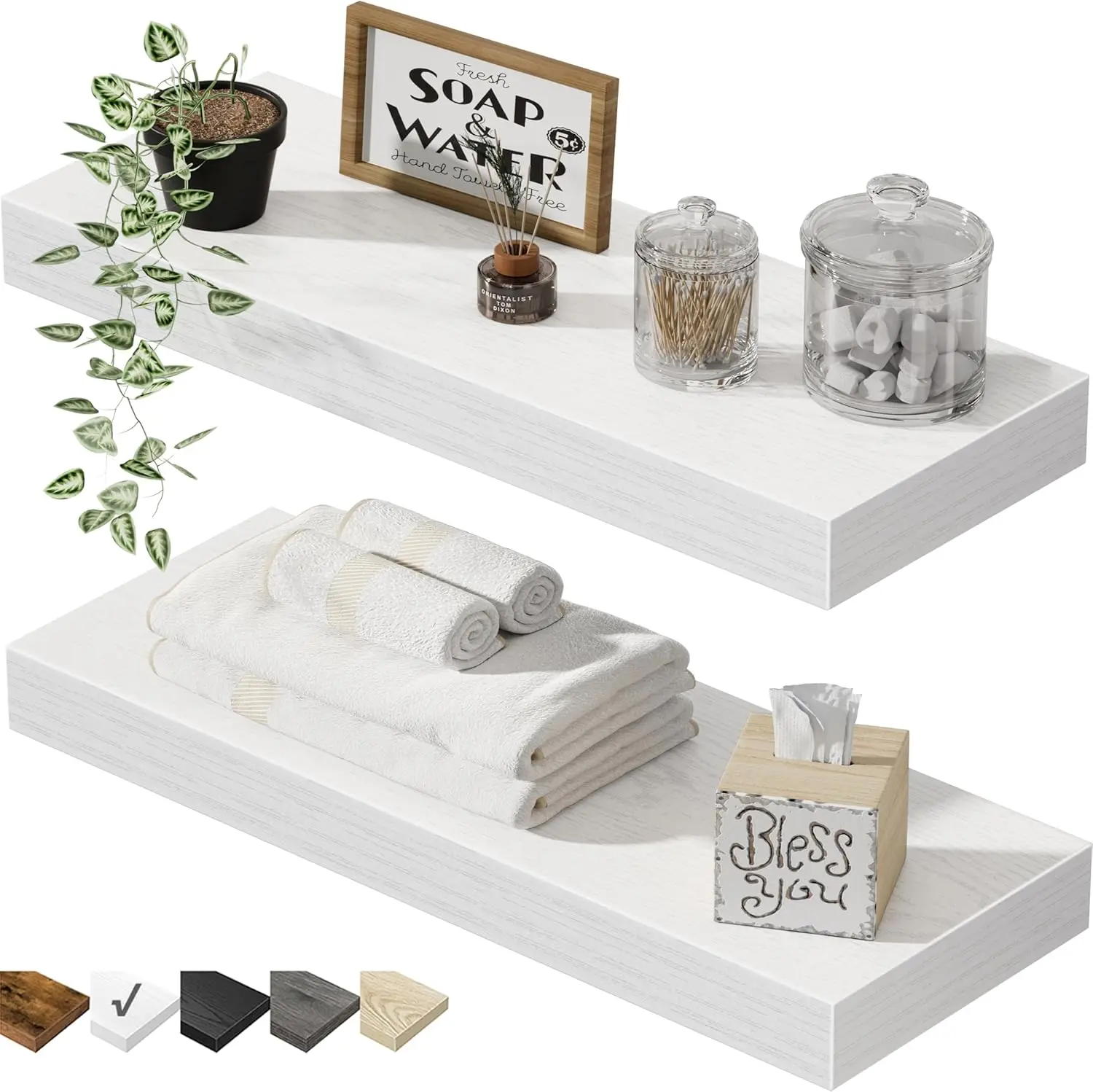 

Floating Wall Shelves Set of 2 - White Farmhouse Bathroom Decor Over Toilet Display Storage