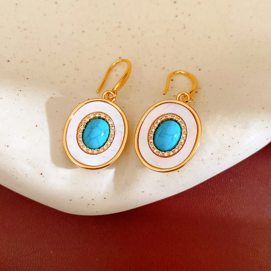 18k Gold Plated Turquoise Color Oval Dangle Earrings for Women Retro  Zircon Fritillary Ear Hooks Beach Daily Party Jewelry N