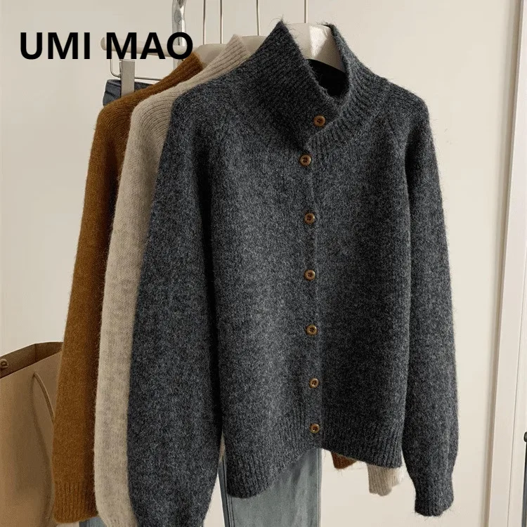 

UMI MAO Top High-End Stand Collar Knitted Cardigan Coat Women Soft Cozy Lazy Gray Inner Wear High Collar Button Sweater Autumn