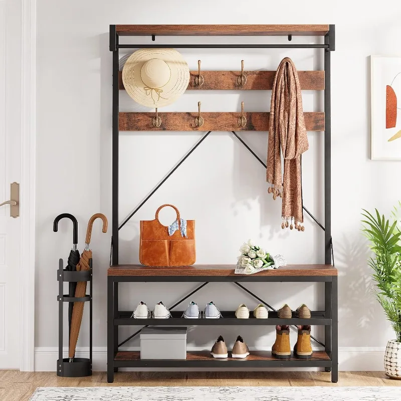 

Coat Rack Shoe Bench Hall Tree Shoe Rack for Entryway 3-Tier Storage Shelf and Hooks Removable Industrial Accent