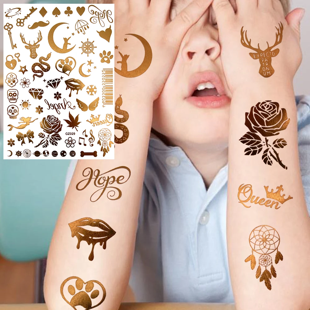 Realistic Elk Flower Moon Fake Tattoo Sticker For Kids Women Gold Rose Snake Wings Temporary Tattoos DIY Gadget Waterproof Tatoo