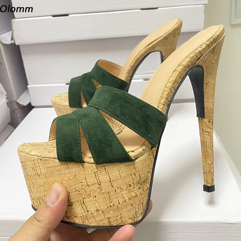 

Olomm 2022 Handmade Women Summer Mules Sandals Faux Suede Sexy Stiletto Heels Open Toe Army Green Casual Shoes US Plus Size 5-20