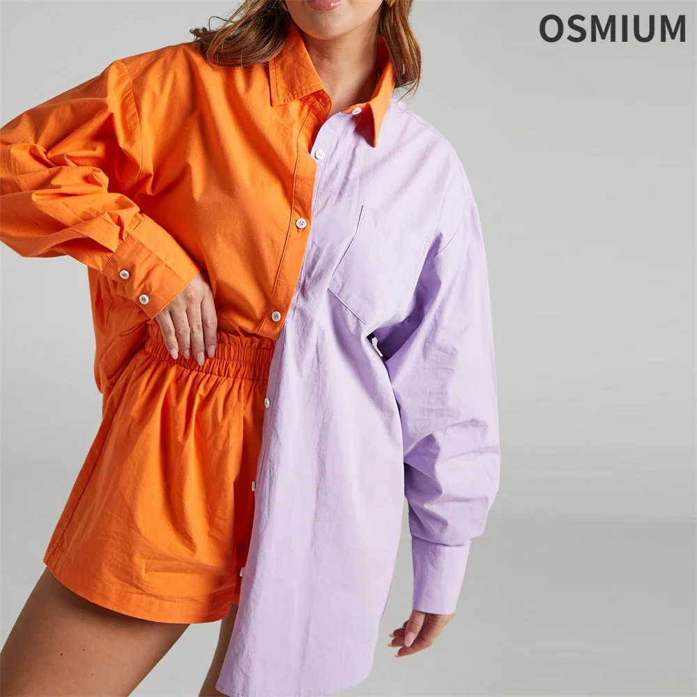 Women Summer Outerwear Long Sleeve Button Up Shirt Set 2 Piece Set Girls Patchwork Outfits Streetwear Contrast Color Shorts Set