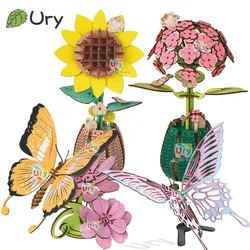 Ury 3D Wooden Puzzle Butterfly Troides Aeacus Flower Blue Morpho Sunflower Handmade Assembly Model DIY Decoration Gift