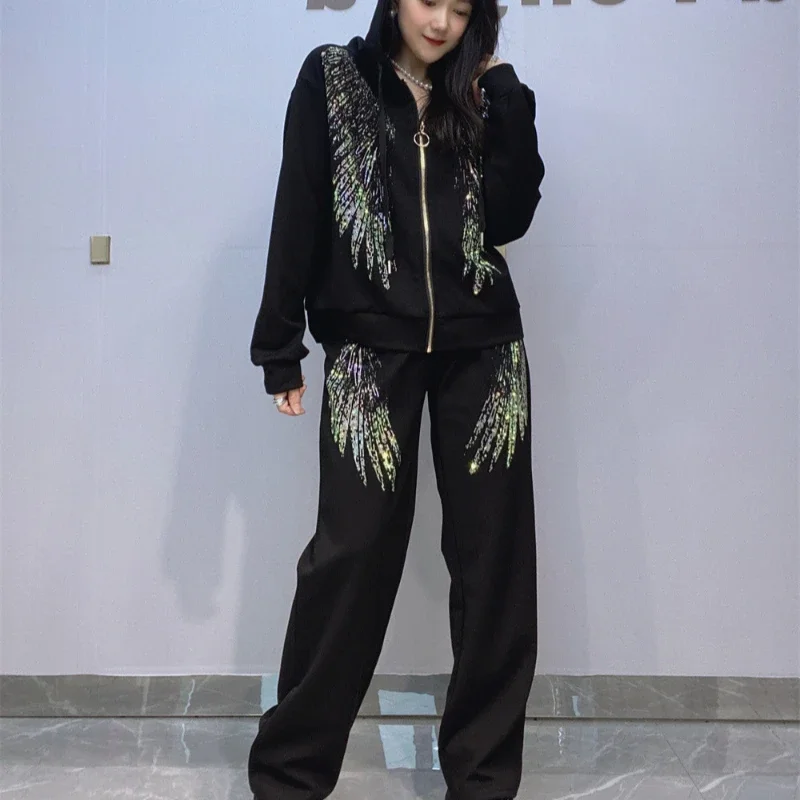 

2024 Autumn Fashion Women Two-piece Set Hot Drilling Wings Zip Cardigans Sweater Coat + Wide Leg Loose Straight Pants Suits