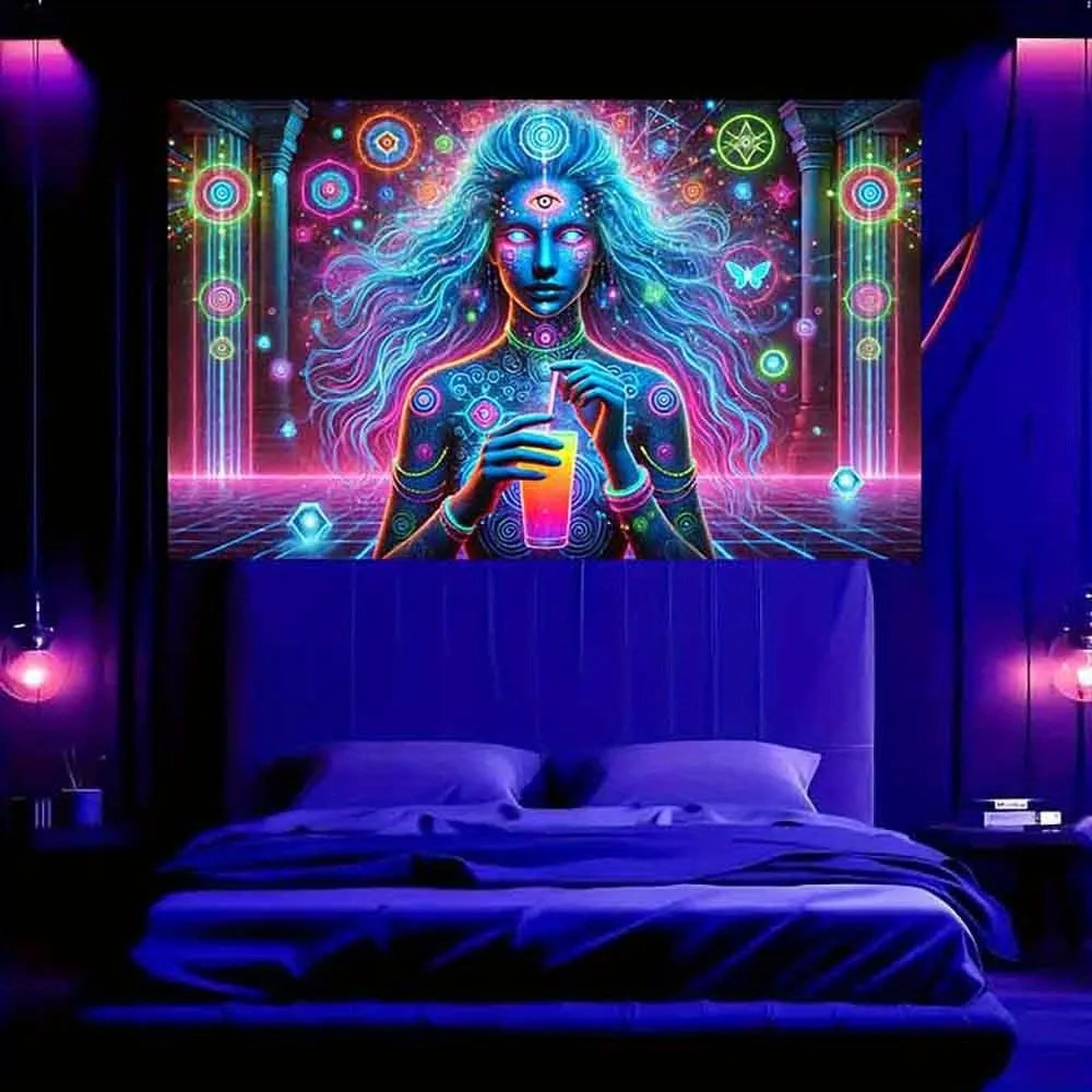 

Mysterious Woman with Drink Neon Tapestry,UV tapestry wall hanging bedroom home party decoration