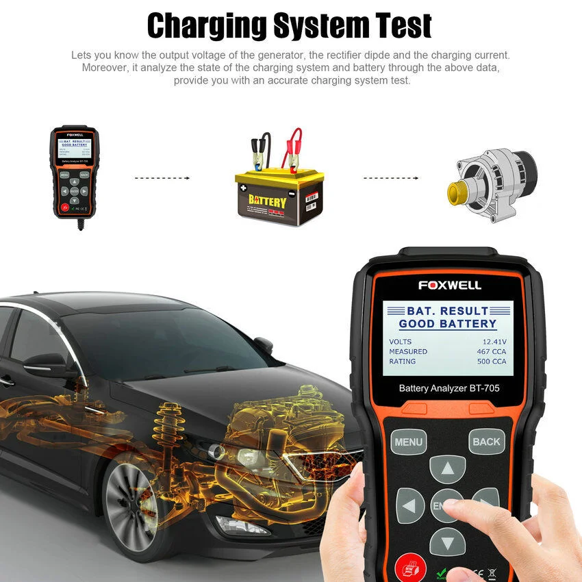 Foxwell BT705 12/24V Truck Car Battery Load Tester Charging System100-2000 CCA Battery Tester Heavy Duty Truck Cranking Charging