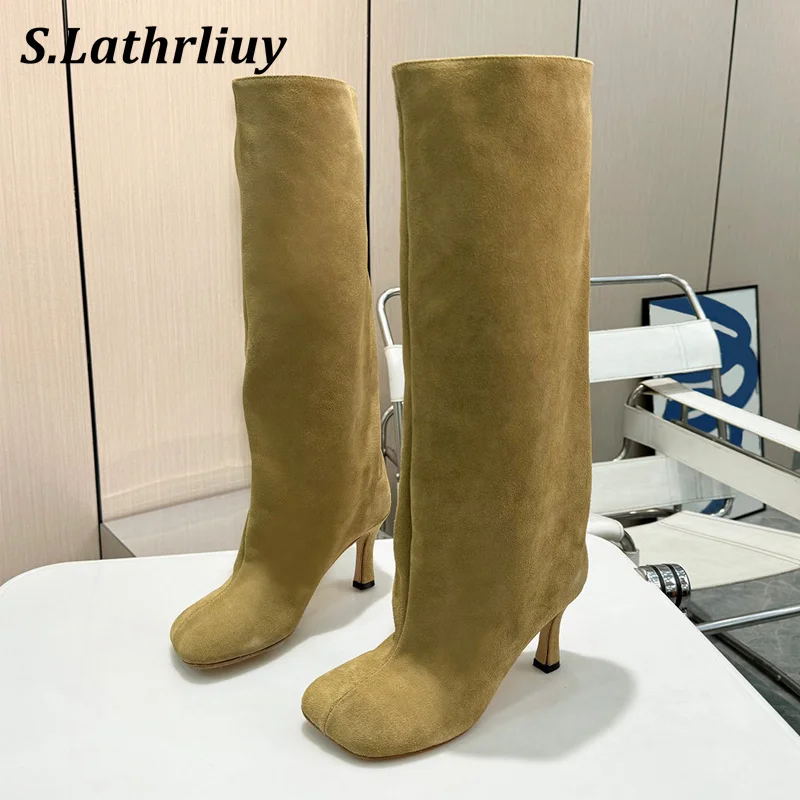 

2024 Autumn Winter Fashion Trouser Boots Women's Suede High Heels Western Long Botas Square Toe Thin Heels Knee-high Boots