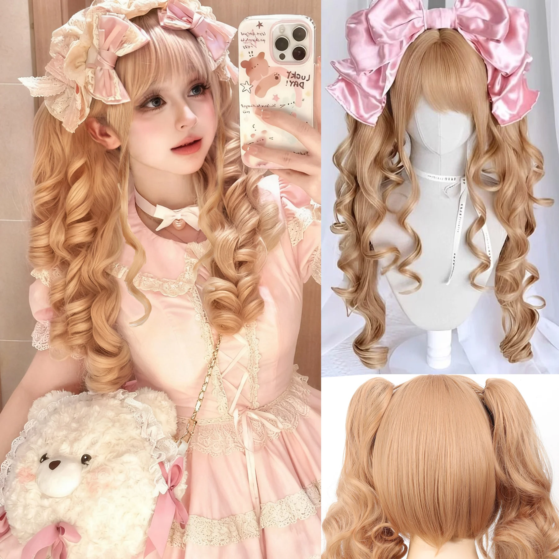 

JKL Lolita Kawaii парик с длинным вьющимся хвостиком, короткий парик Боб, синтетический парик для косплея, вечерние, блондинка в стиле Харадзюку, с челкой для женщин