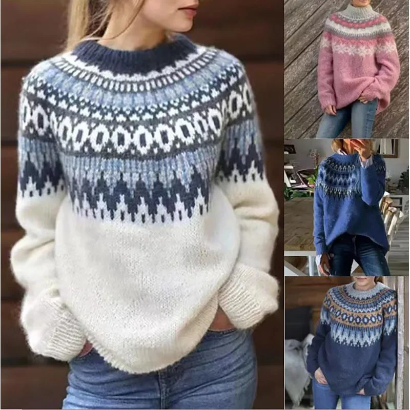 

EBAIHUI Color Blocking Women's Knitted Sweater Vintage Jacquard O-Neck Ladies Pullover Autumn/winter Harajuku Style Daily Top