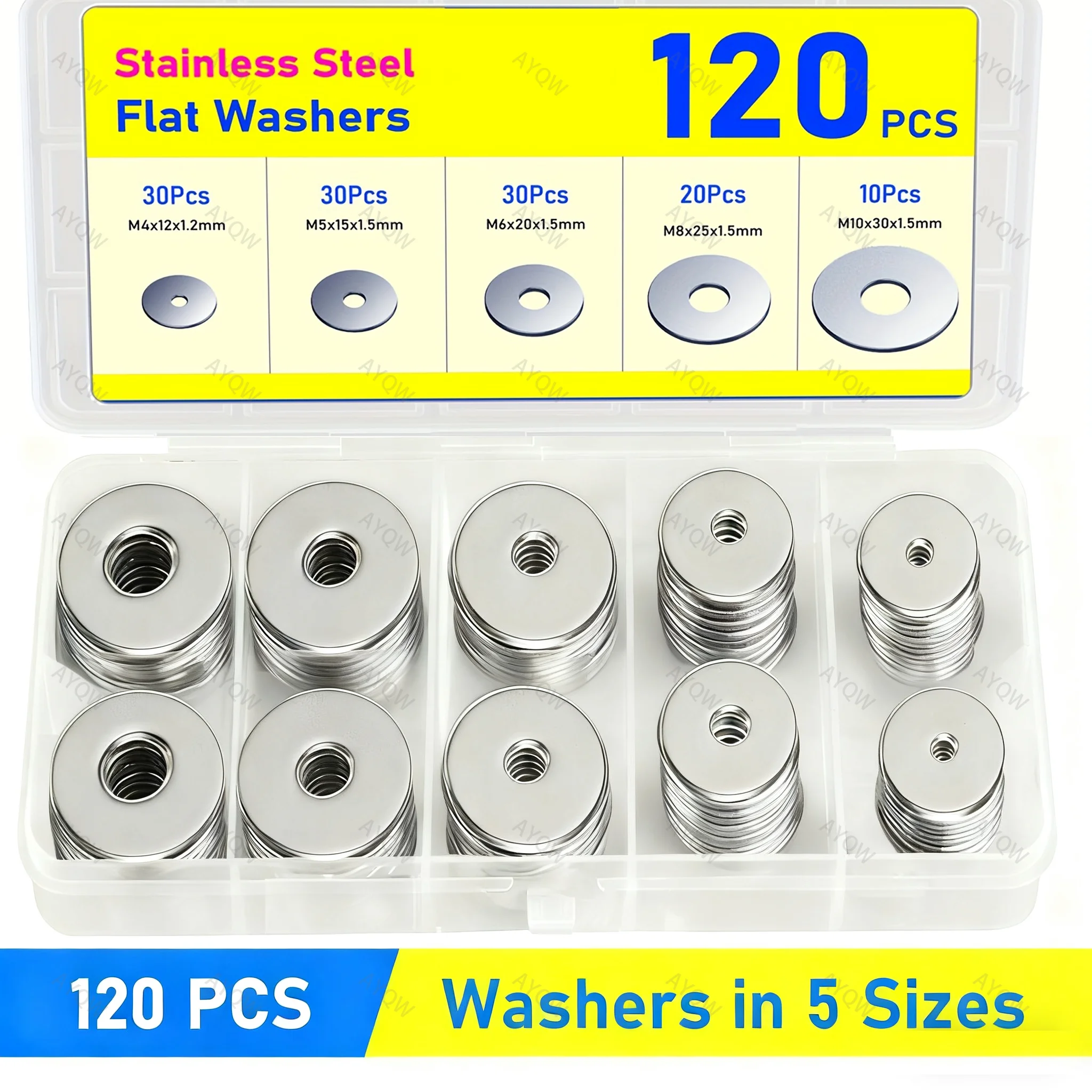 120PCS Washers for Screws, Stainless Steel Flat Washer Assortment with 5 Sizes M4 M5 M6 M8 M10, Metal Assorted Large Washer Set,