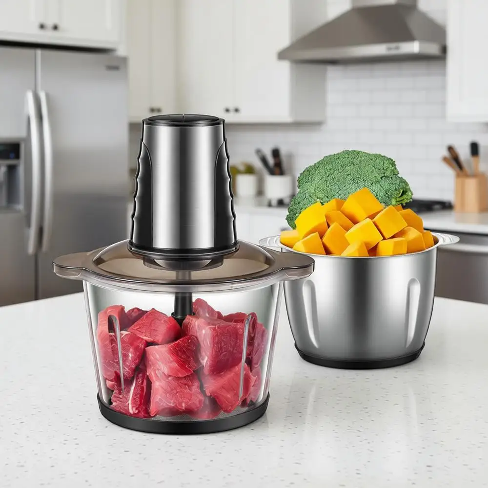 

Dual Bowl Food Processor: 12 Cup + 12 Cup, 500W Electric Chopper, Multipurpose Blades, 2 Speeds