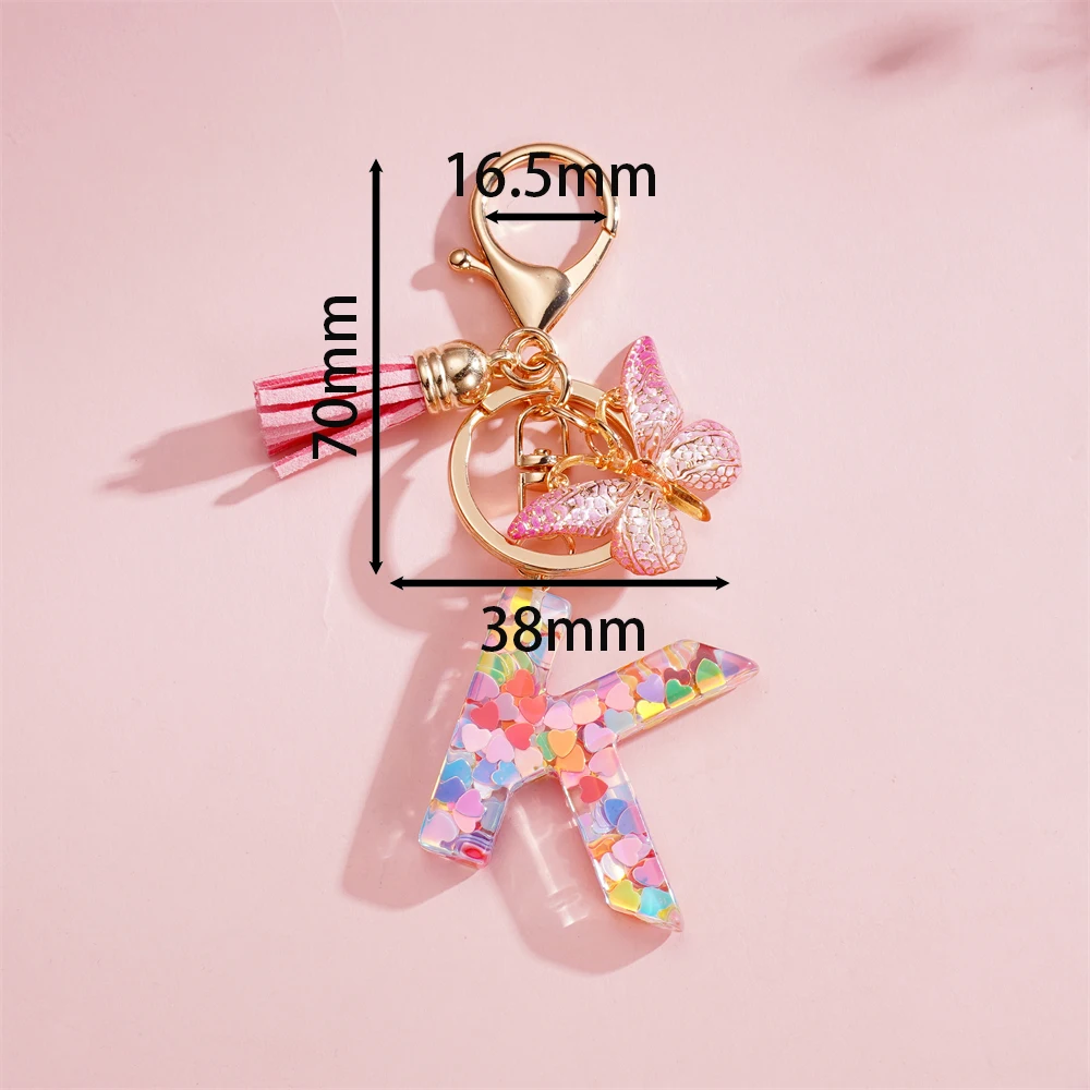 1pcs/Lot A-Z Letters Heart Sequin Keychain For Women Tassel Butterfly Resin Pendant Initial Keyring  Bags Charms Car Key Chain