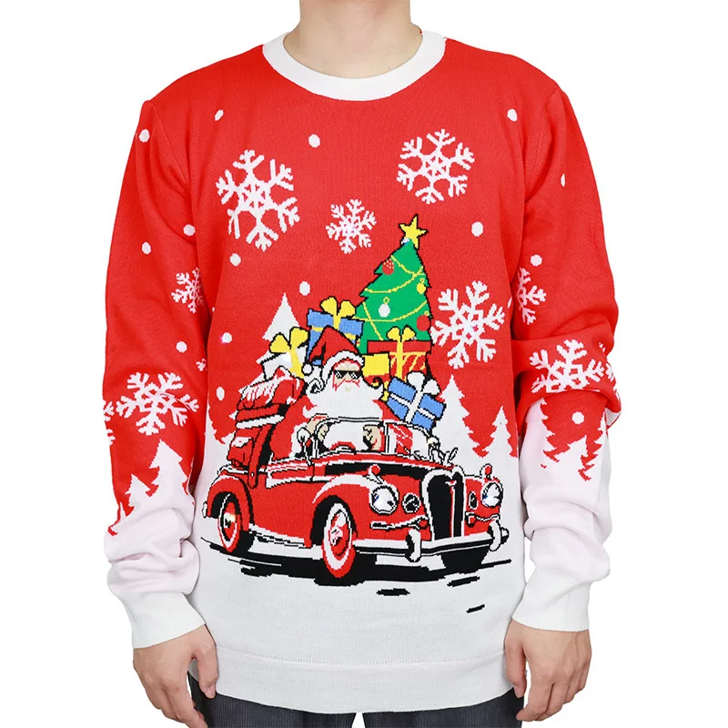 

Унисекс, рождественский хит продаж, красный свитер для мужчин и женщин, вязаный свитер на заказ с круглым вырезом и дизайном фестиваля Санта-Клауса