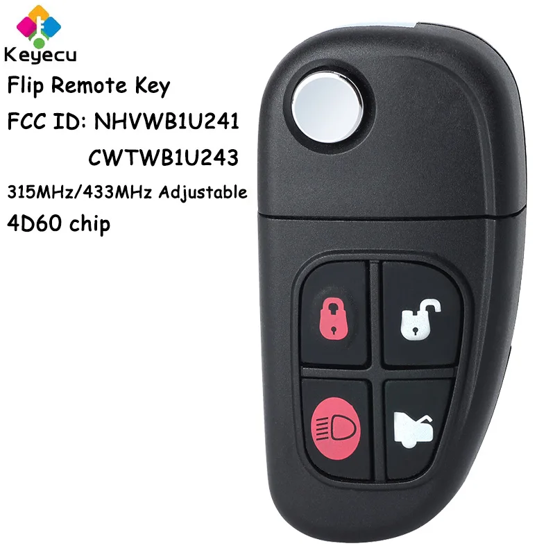 KEYECU Flip Folding Remote Car Key With 4 Buttons 4D60 Chip for Jaguar XJ XJR X-Type S-Type 1999-2009 Fob NHVWB1U241 CWTWB1U243