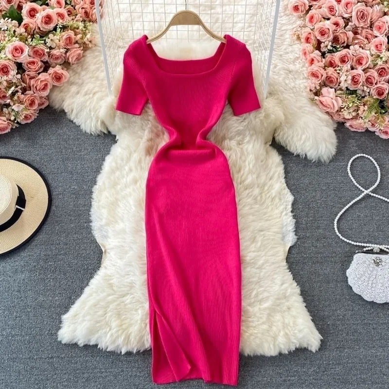 Elegant Women Knitting Midi Dresses Female Casual Short Sleeve Robe Office A Line Vintage Clothing Ribbed Maxi Vestido Clothing