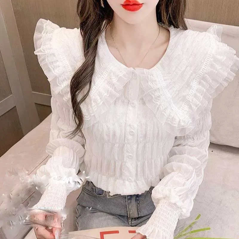 Sweet Peter Pan Collar Lace Folds Princess Sleeve Shirts Female Clothing 2024 Spring New Loose Korean Tops Office Lady Blouses