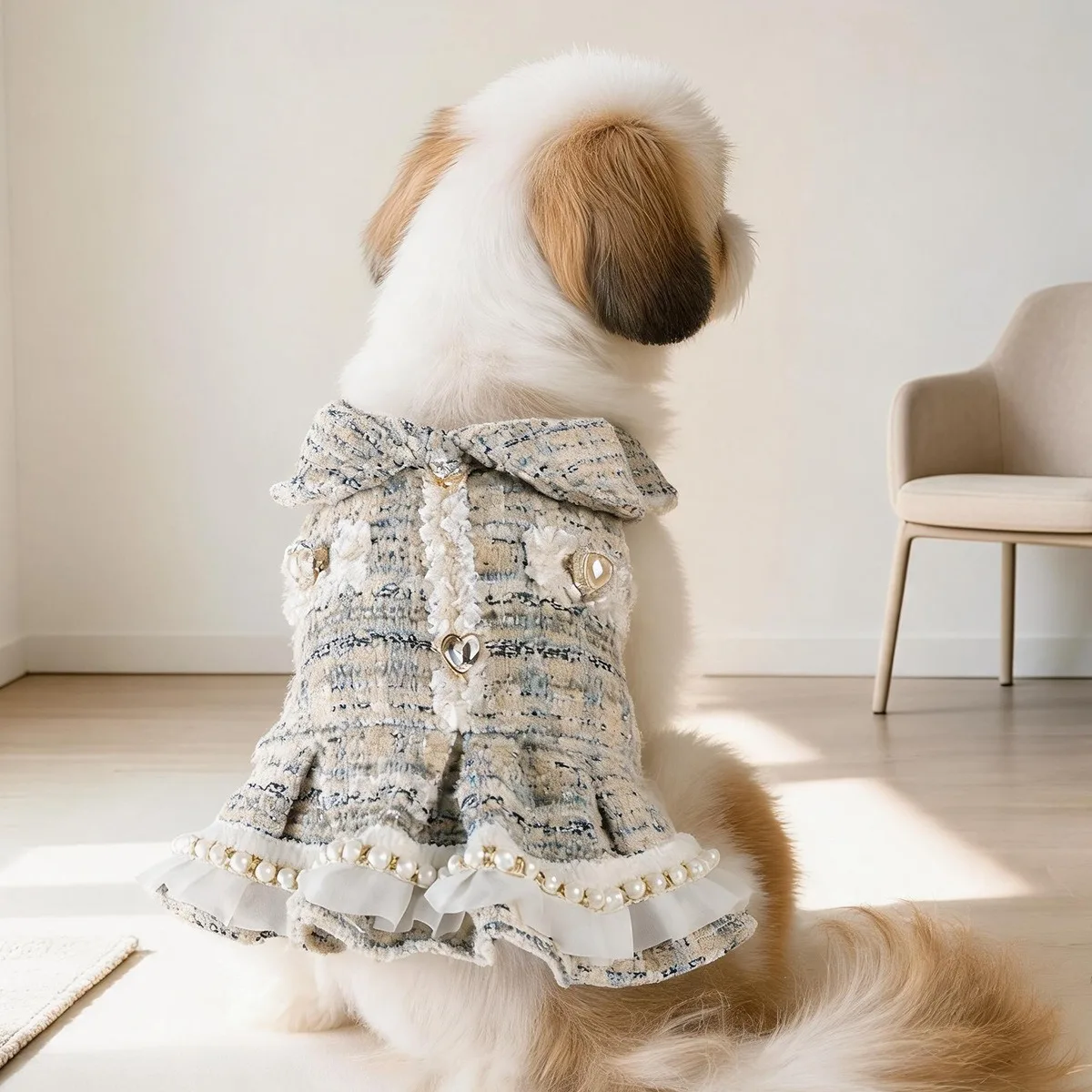 Luxury Small Dog Dress Autumn Winter Pet Clothes Elegant Tweed Pearl Princess Skirt For Puppy Chihuahua Shih Tzu Pet Outfit