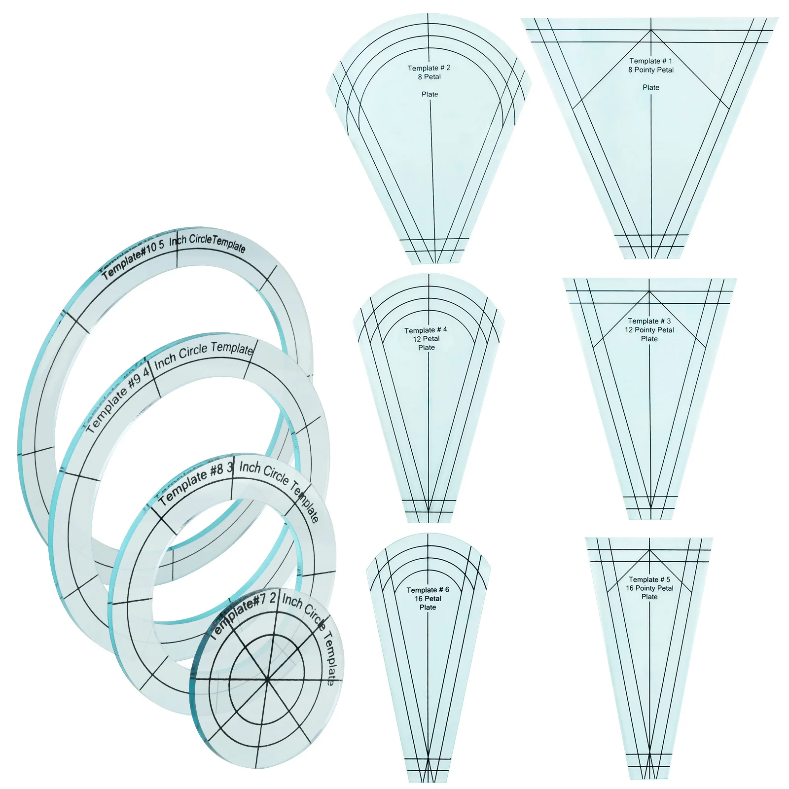 10 pcs Light Blue Acrylic Quilting Ruler Set: 8/12/16 Petal, Tumbler, Circle Templates for Free Motion Quilting
