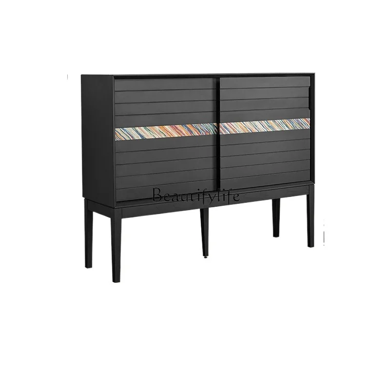 

Light sandalwood retro style living room TV next to small side cabinet against the wall storage bucket cabinet solid wood