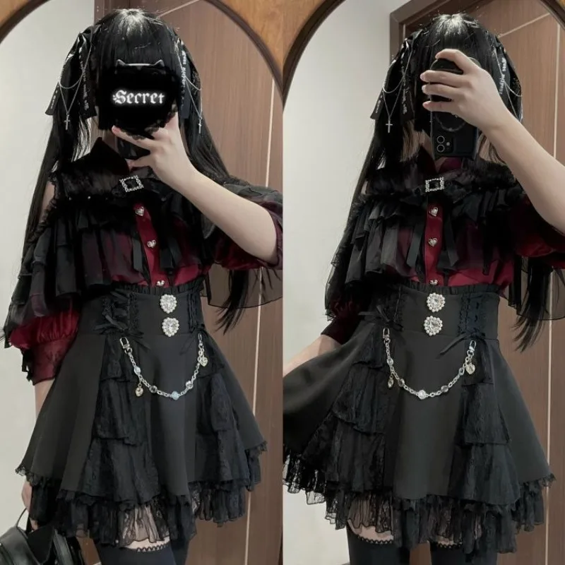 

Japanese Mini Skirt Gothic Retro Women Cosplay JK High Waist Lace Sweet Skirt Lolita Style Elegant Y2k Skirts for Party