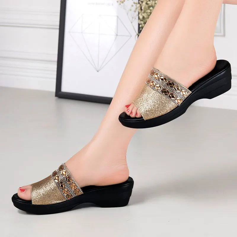 Platform Slippers Women 2024 Summer New Wedges Shoes For Womans Rhinestones  Mother  Elegant Medium Heel Sandals Ladies Shoes