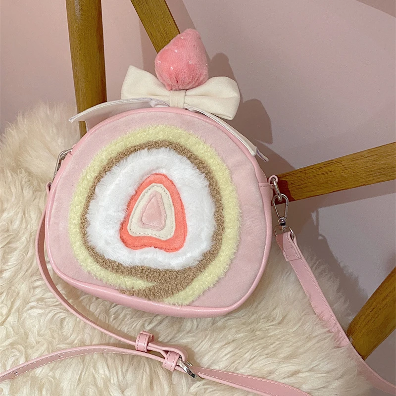 Kawaii in Stock Cute Strawberry Cake Roll Anime Cosplay Bags for Women Sweet Pink Lolita Bag for Girl Christmas Gift Backpack