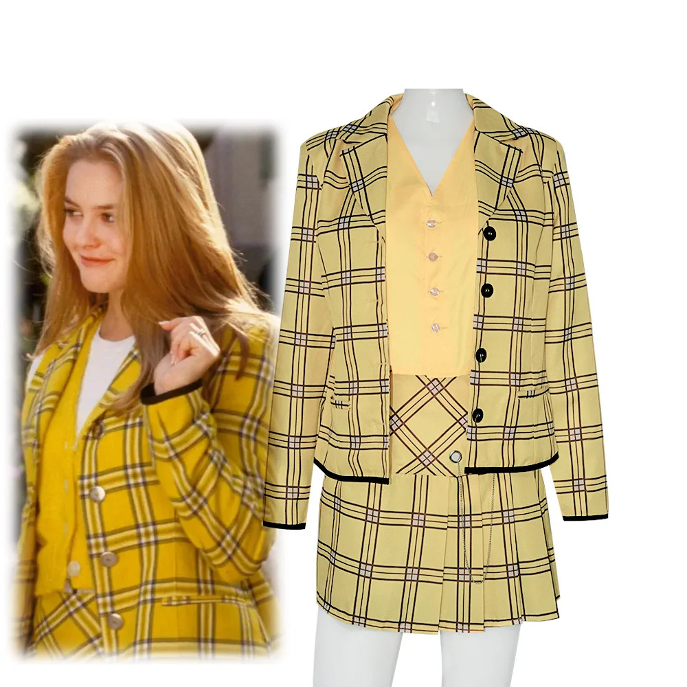 

Halloween Lead The Way Style Costumes Clueless Cher Cosplay Yellow Jacket Vest Skirt Uniform Suit Set for Fashion Women