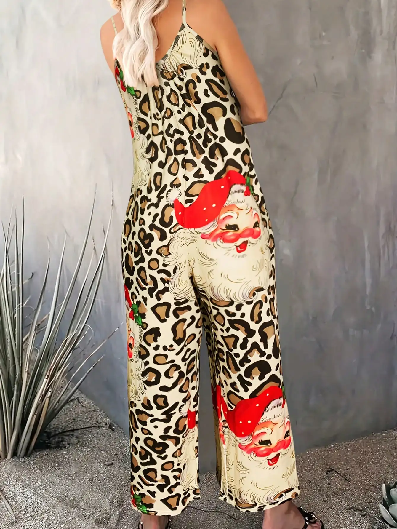 Christmas Women's Spaghetti Strap Jumpsuit, Leopard Print with Santa Claus Pattern, Wide Leg, Holiday Party Outfit