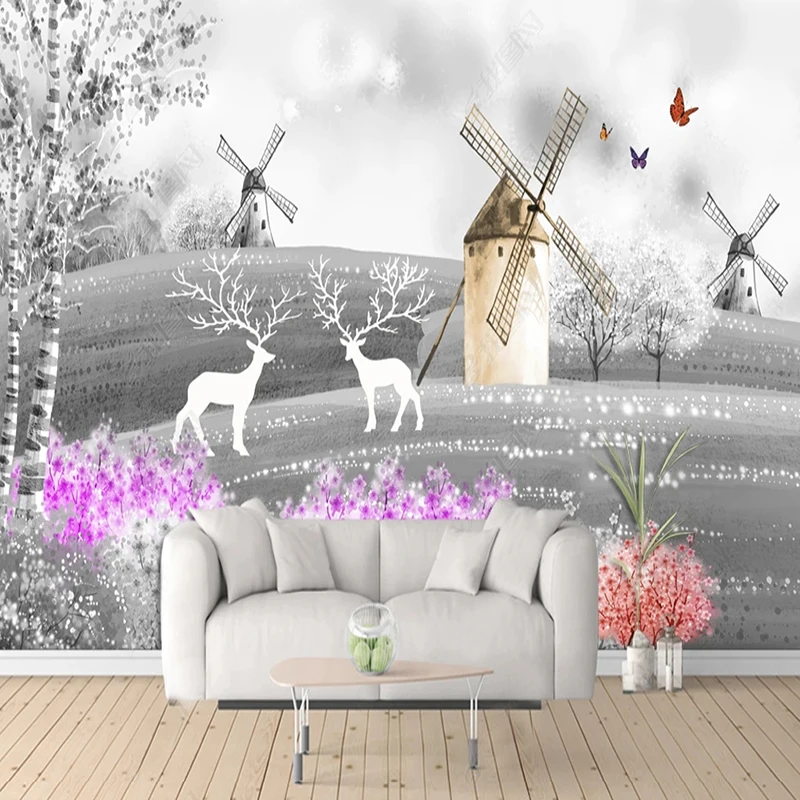 

Custom 3D Photo Wallpaper Creative Hand-painted Hillside Windmill Elk Mural Living Room Bedroom Background Home Decor Wall Paper