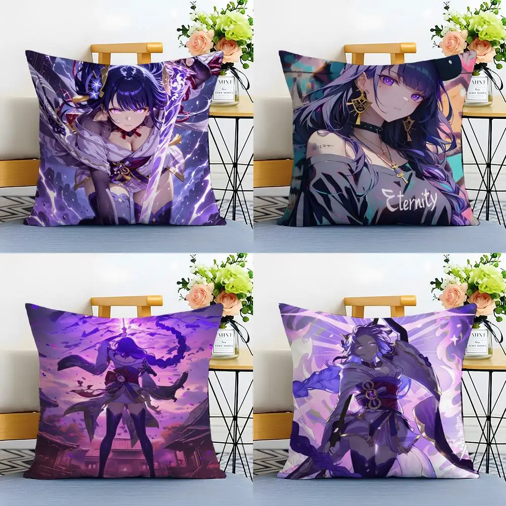 Game Genshin Raiden Shogun Cushion Cover Washable Linen Pillowcase Soft  for Sofa Bed Cozy Home Room Decor