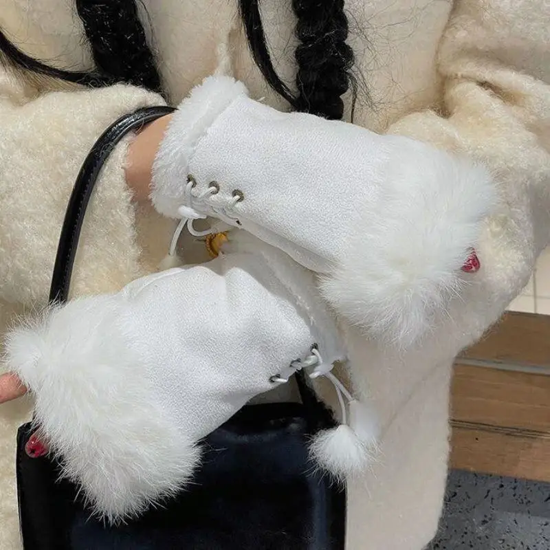 

Y2K Winter Warm Gloves Suede Faux Rabbit Fur Hand Wrist Fingerless Gloves Mittens Warmer Christmas Women Plush Windproof Gloves