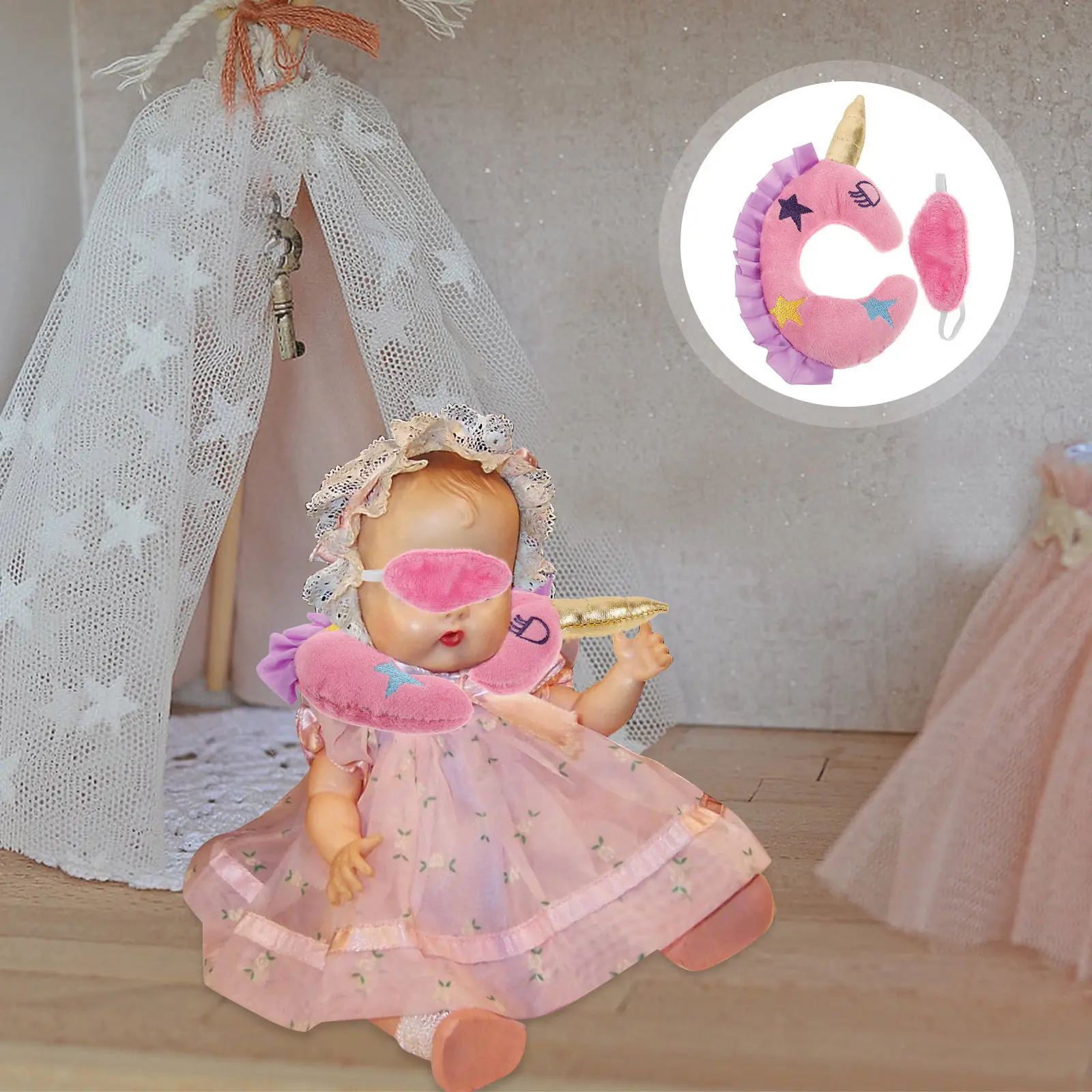 2Pcs Baby Accessories Eye Mask U Shaped Pillow Unicorn Theme Travel Luggage Playset for 18 Inch Imaginative Play