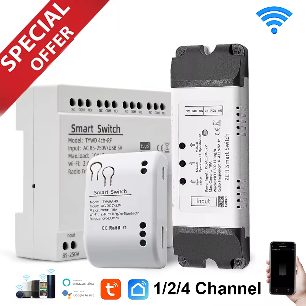 Tuya Wifi Wireless Smart Switch Module DIY 433 Remote Control Smart Home Garage Gate Universal Remote Relay Alexa Google Home