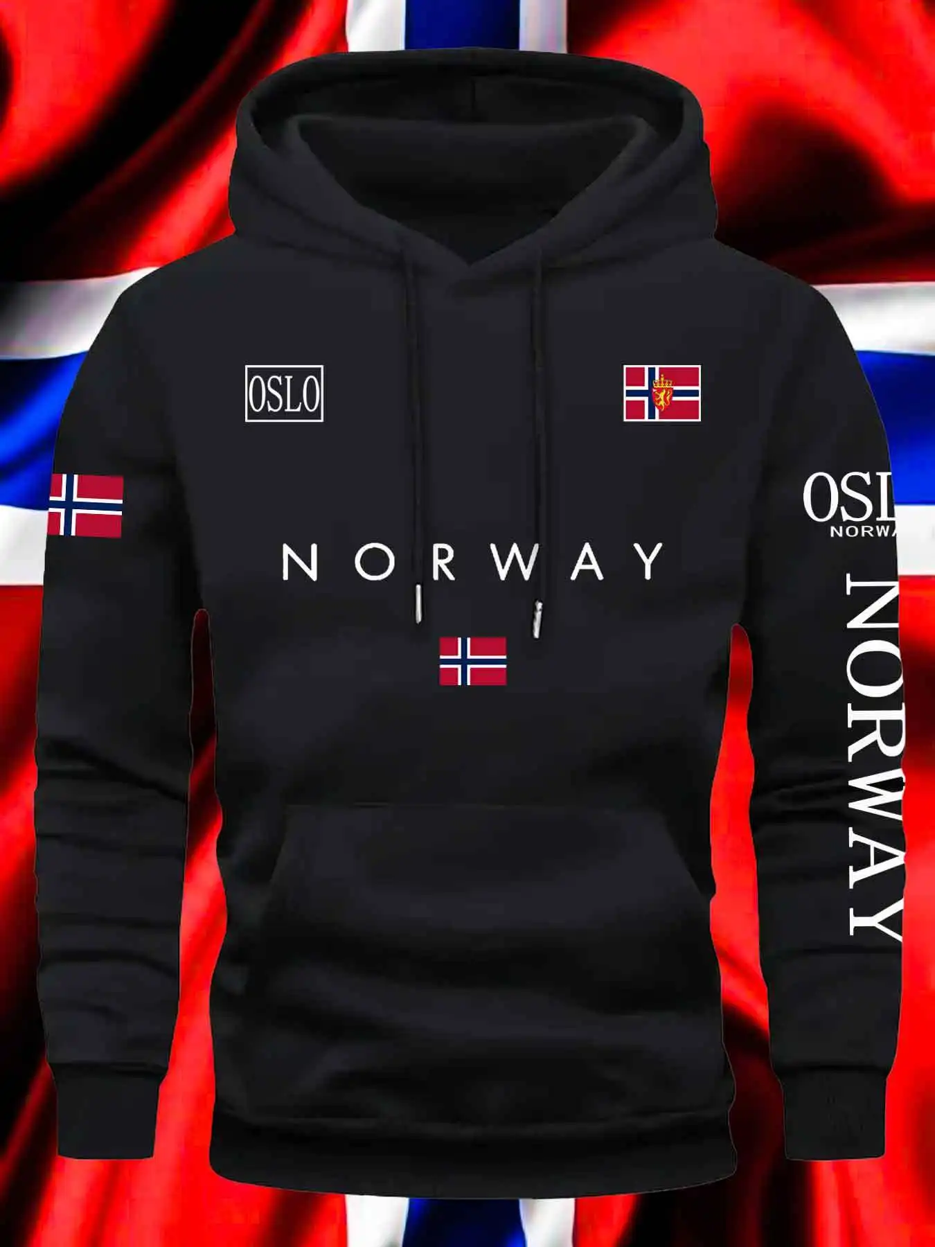 Men's Norwegian Flag Hooded Sweater Pullover for Gym Sweatshirt Winter Men and Women Casual Loose Machine Washable Hoodie