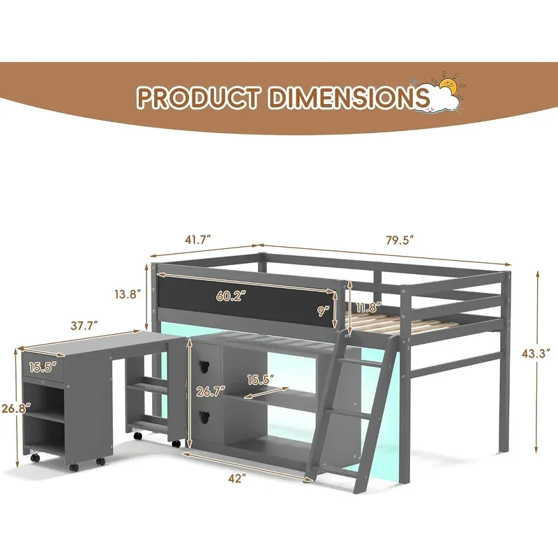 Low Twin Loft Bed with Rolling Desk Wooden Twin Loft Beds with 13 Safety Guardrail Storage Underbed Play Space for Kids