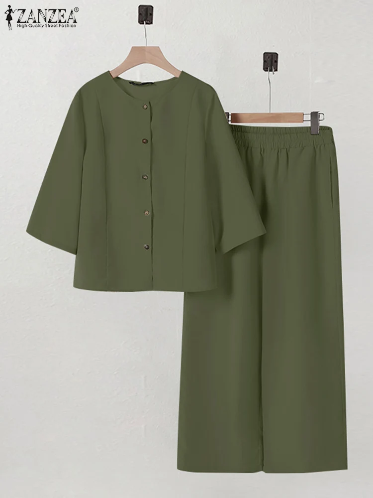 

ZANZEA Women Wide Leg Pant Suits Spring Casual Loose Daily Wear Commuting 2-Pieces Outfits O Neck 3/4 Sleeve Shirt Pant Sets