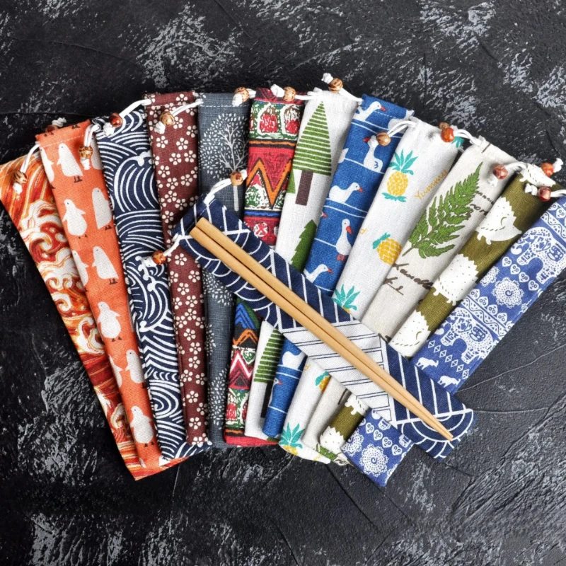 Cotton Linen Drawstring Bag Portable Japanese Retro Utensil Case for Chopsticks Spoon Straw Outdoor Camping
