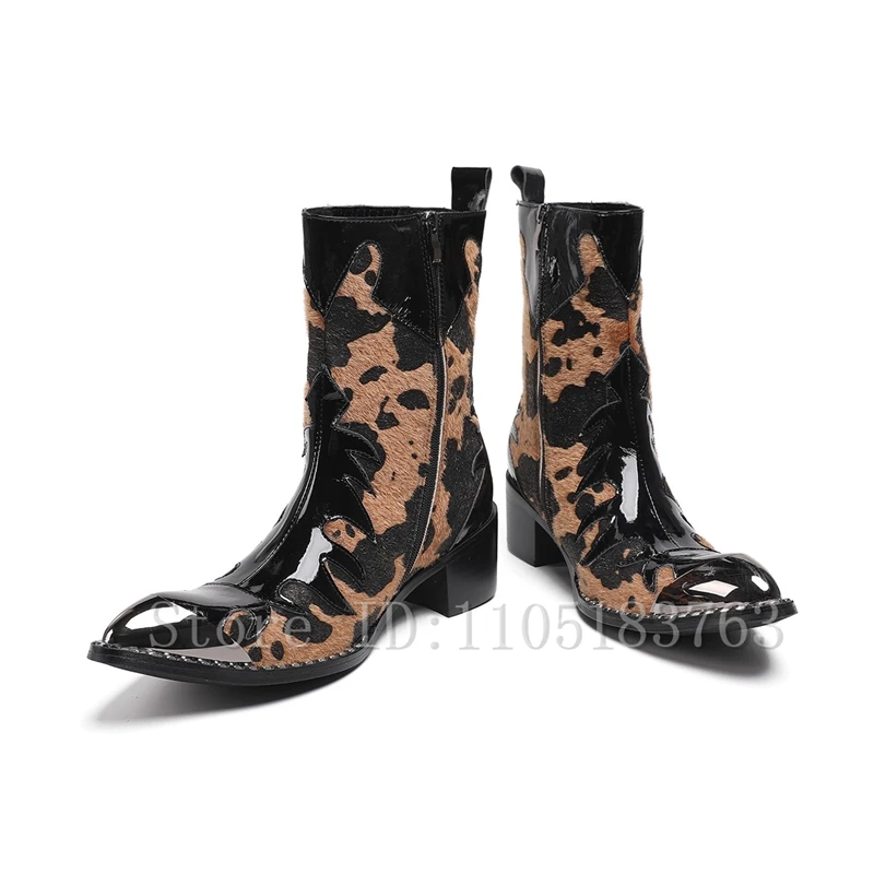 Fashionable Leopard Print Patchwork Men Short Boots Winter New Meal Toe Thick Heels Cowboy Western Boots Larger Size